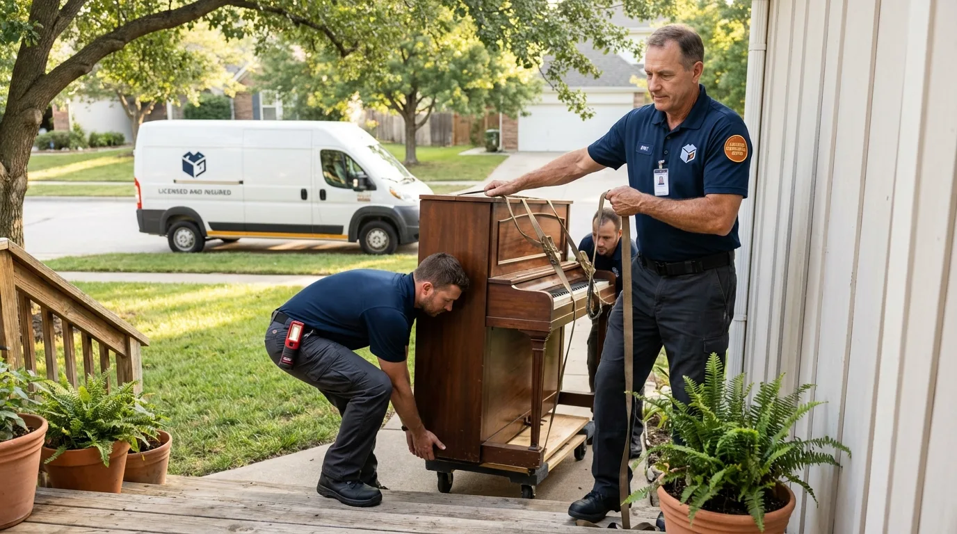 Licensed piano movers securing grand piano in Texarkana, AR