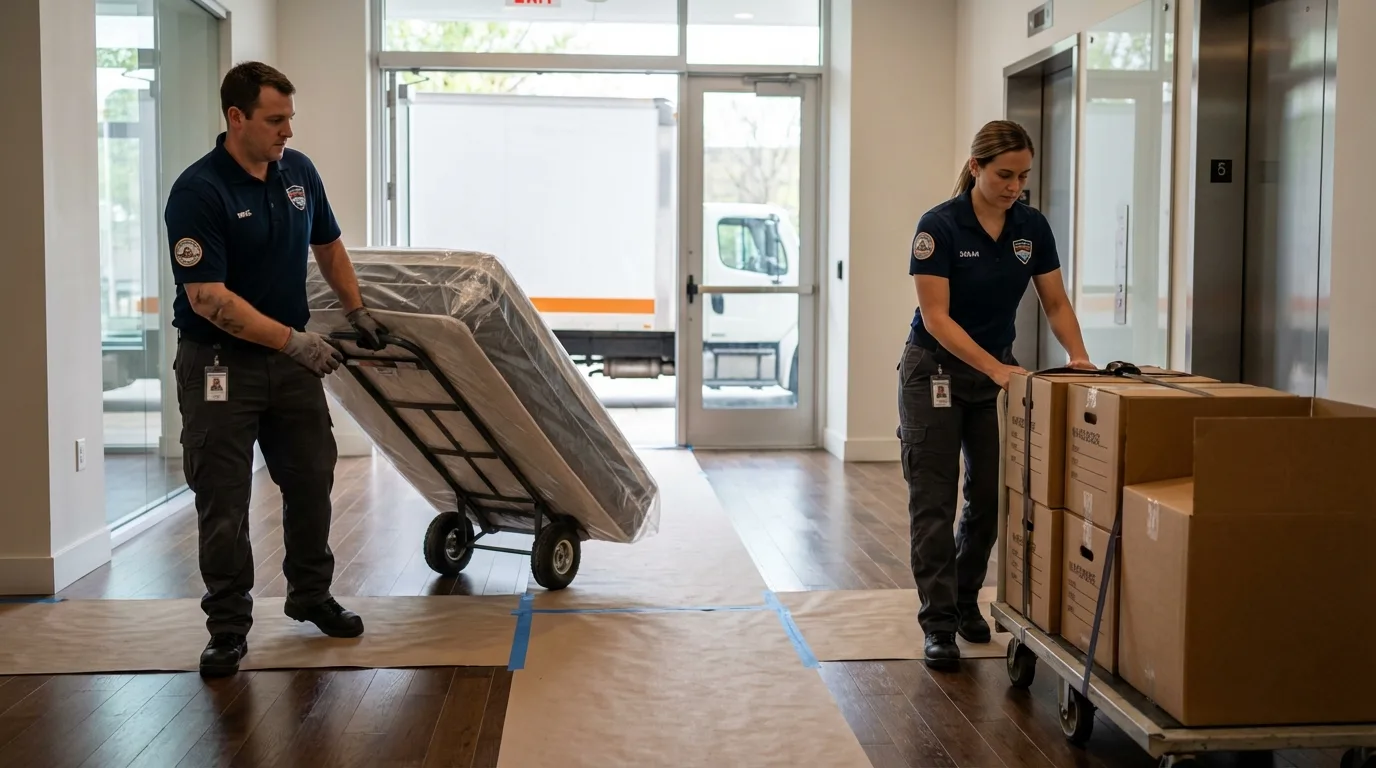 Professional apartment movers loading elevator in Texarkana, AR